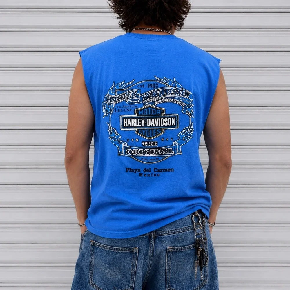 Harley Davidson Playa Del Carmen Mexico Sleeveless T-Shirt Mens Large Blue - Picture 5 of 9
